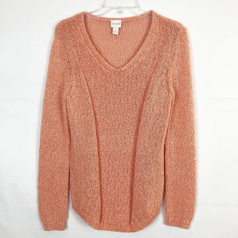Chico's V-Neck Sequin Orange Open Knit Sweater Size M